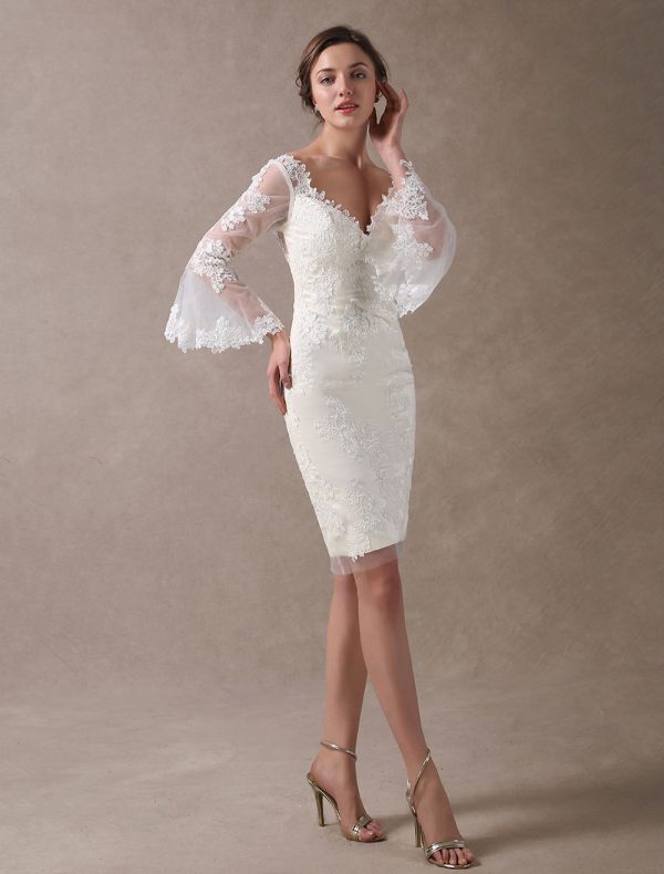 Boho Wedding Dresses Short Sheath Beach Bridal Dress Bell Sleeve Lace Applique V Neck Knee Length Summer Wedding Gowns