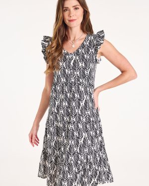 Bonmarche Black Geo Leaf Print Tiered Jersey Smock Dress