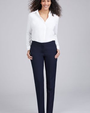 Bonmarche Ladies Navy Blue Smart Tapered Leg Fly Front Trousers, Size: 22