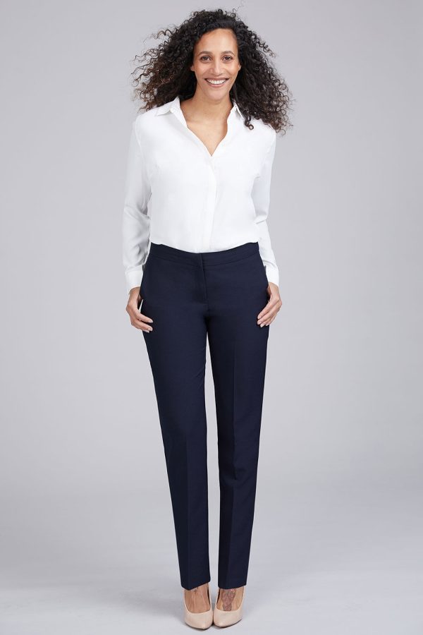 Bonmarche Ladies Navy Blue Smart Tapered Leg Fly Front Trousers, Size: 22