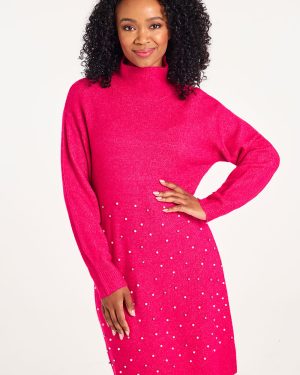 Bonmarche Pink Turtle Neck Pearl Detail Tunic Dress, Size: S