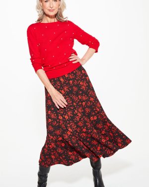 Bonmarche Red Floral Print Peplum Skirt, Size: 10