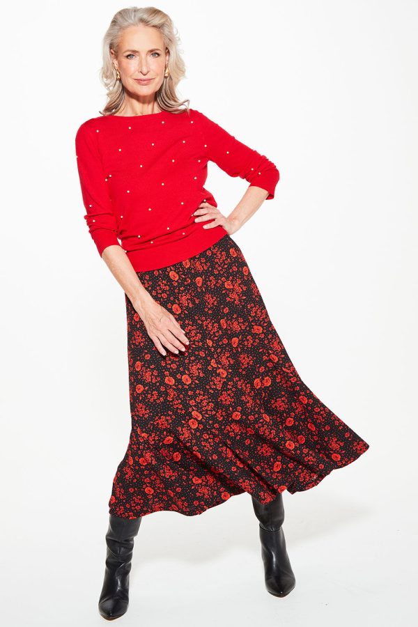 Bonmarche Red Floral Print Peplum Skirt, Size: 10