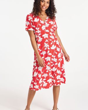 Bonmarche Red Floral Print Woven Tea Dress, Size: 10