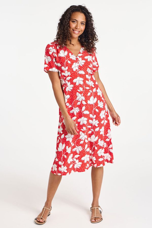 Bonmarche Red Floral Print Woven Tea Dress, Size: 10