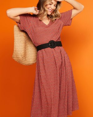 Bonmarche Red Geo Tile Print Crinkle Smock Dress