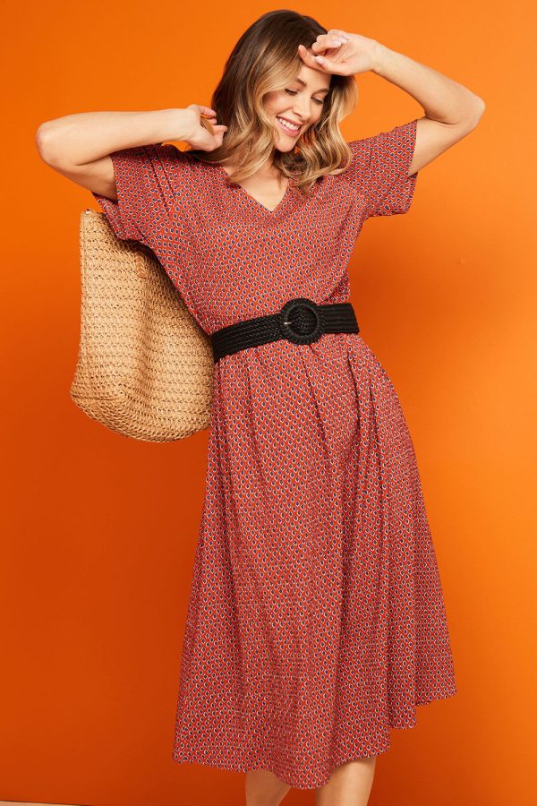 Bonmarche Red Geo Tile Print Crinkle Smock Dress