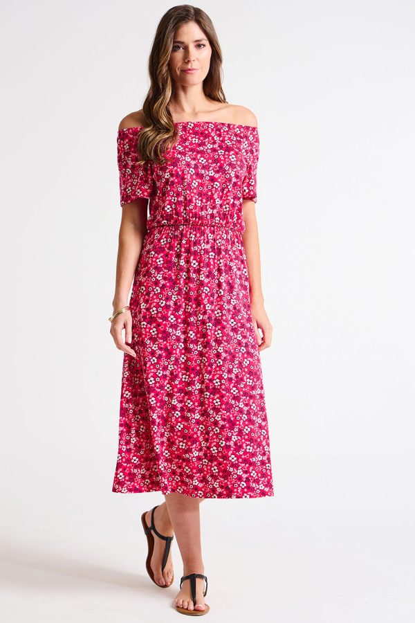 Bonmarche Red/white Ditsy Print Jersey Bardot Dress