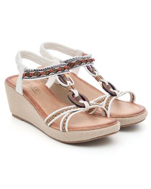 Bonmarche White Embellished Ring Detail Wedge Sandals, Size: 5