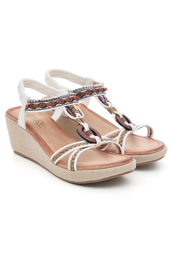 Bonmarche White Embellished Ring Detail Wedge Sandals, Size: 5