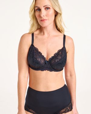 Bonmarche Women's Black Adjustable Strap Lace Embossed Underwired Bra, Size: One Size