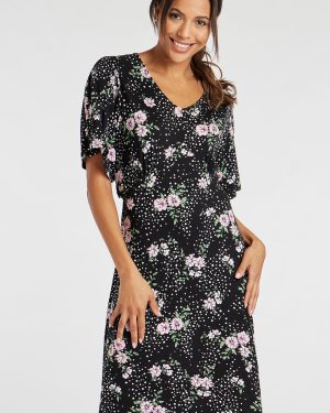 Bonmarche Women's Black Floral Spot Print Short Sleeve Jersey Tea Dress - Mother's Day Outfits