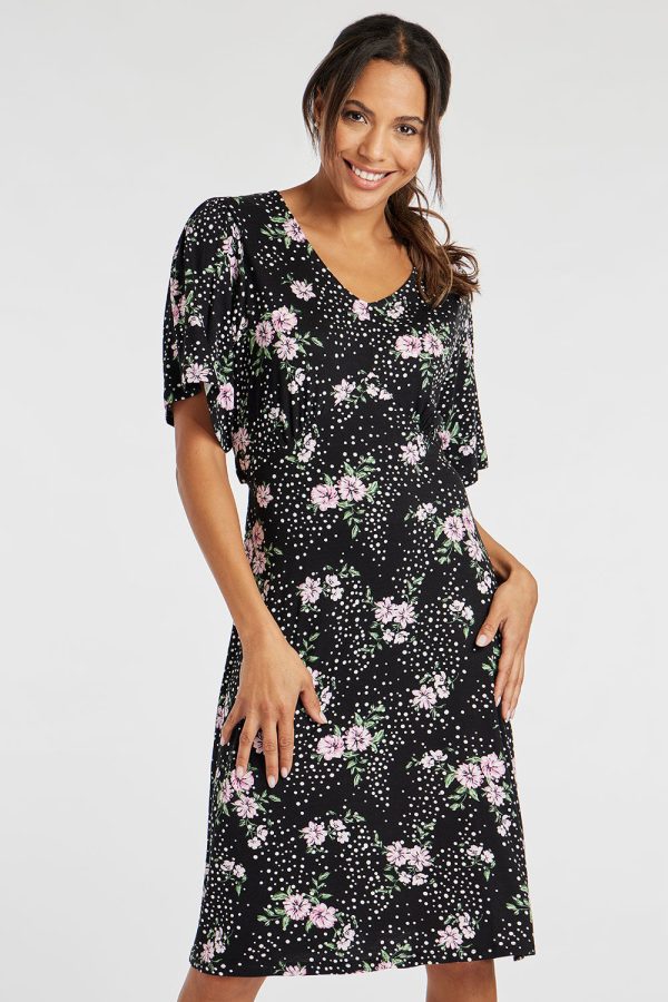 Bonmarche Women's Black Floral Spot Print Short Sleeve Jersey Tea Dress - Mother's Day Outfits
