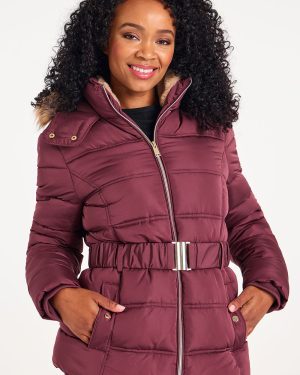 Bonmarche Women's Brown Faux Fur Hood Short Padded Coat With Belt, Size: 14