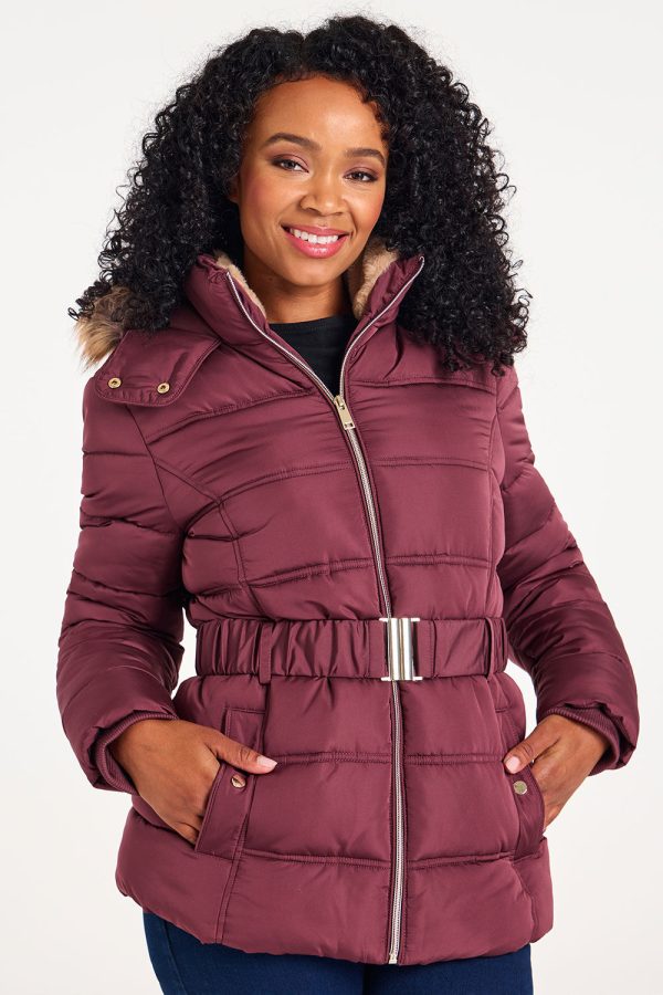 Bonmarche Women's Brown Faux Fur Hood Short Padded Coat With Belt, Size: 14