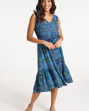 Bonmarche Women's Navy Tile Print Asymmetric Hem Dress, Size: 10 - Holiday Clothes