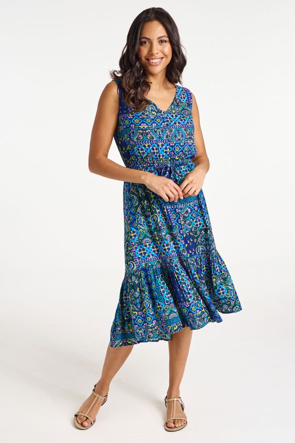 Bonmarche Women's Navy Tile Print Asymmetric Hem Dress, Size: 10 - Holiday Clothes