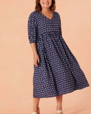 Bonmarche Women's Navy & White Tile Print Button Placket Smock Dress, Size: 24