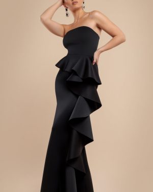 Boobtube Peplum Waterfall Frill Maxi Dress - Black by Goddiva