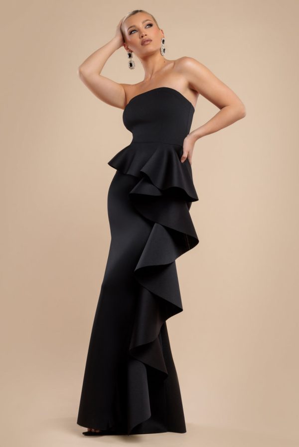 Boobtube Peplum Waterfall Frill Maxi Dress - Black by Goddiva