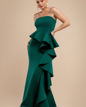 Boobtube Peplum Waterfall Frill Maxi Dress - Emerald Green by Goddiva