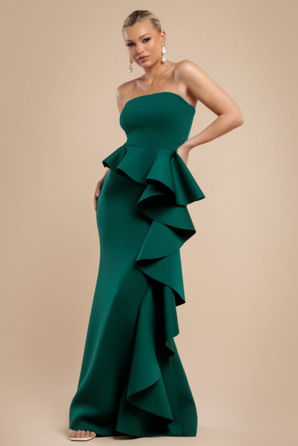 Boobtube Peplum Waterfall Frill Maxi Dress - Emerald Green by Goddiva