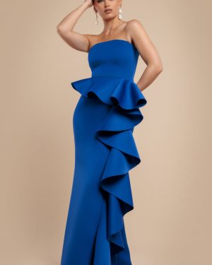 Boobtube Peplum Waterfall Frill Maxi Dress - Royal Blue by Goddiva
