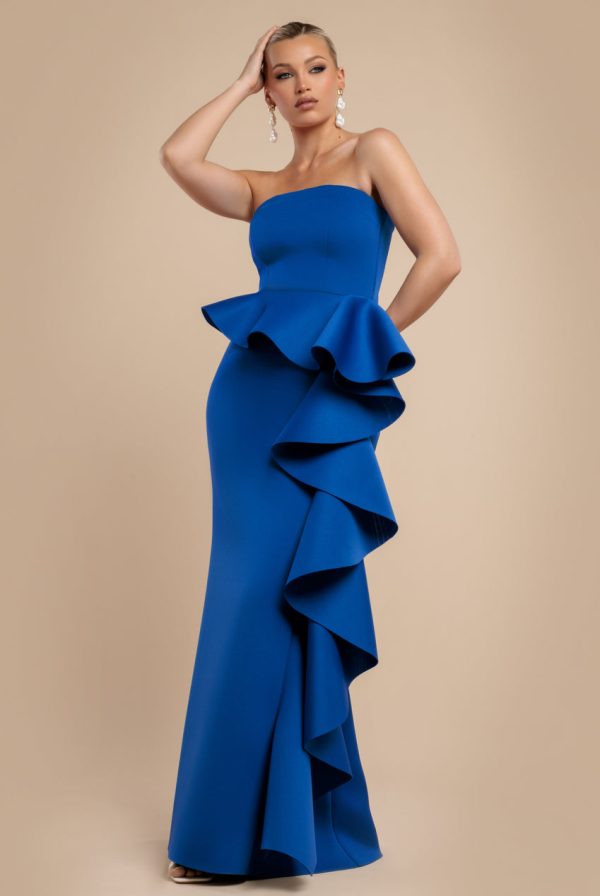 Boobtube Peplum Waterfall Frill Maxi Dress - Royal Blue by Goddiva