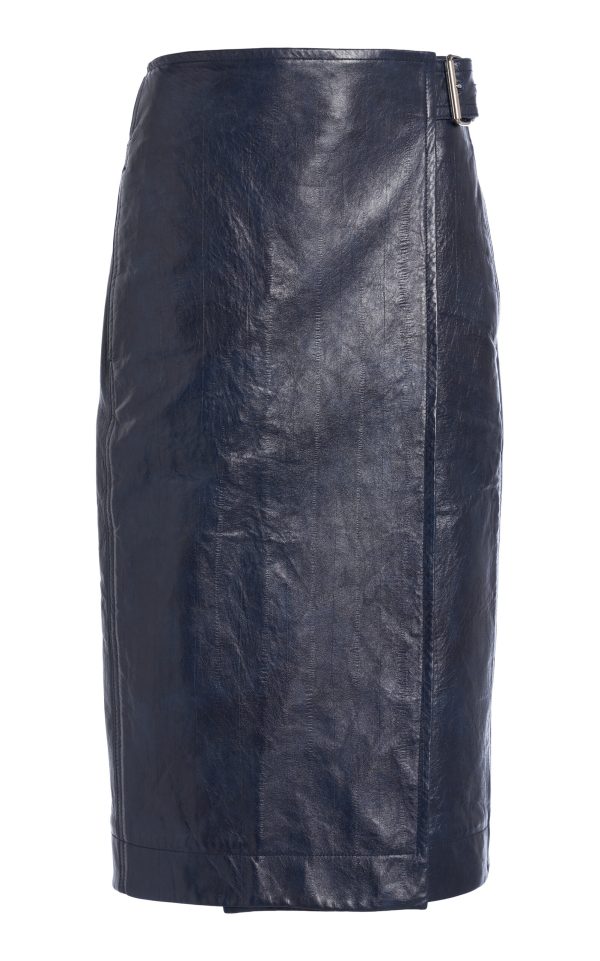 Bottega Veneta - Belted Embossed-Leather Midi Pencil Skirt - Navy - IT 38 - Moda Operandi