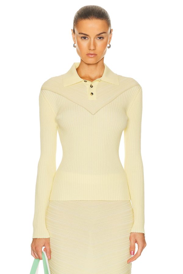 Bottega Veneta Cotton Moving Ribs Polo Top in Pineapple Chalk - Yellow. Size M (also in ).