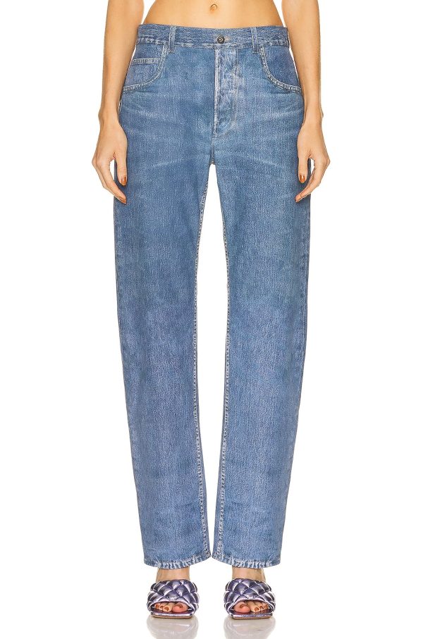 Bottega Veneta Leather Straight Leg Pant in Medium Blue Denim - Denim-Medium. Size 34 (also in 36, 38, 40).