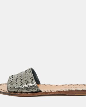 Bottega Veneta Metallic Grey Intrecciato Leather Flat Slide Sandals Size 36