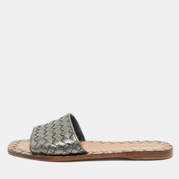 Bottega Veneta Metallic Grey Intrecciato Leather Flat Slide Sandals Size 36