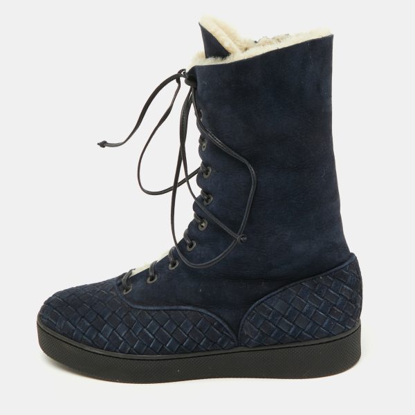 Bottega Veneta Navy Blue Suede Intrecciato Lace Up Snow Boots Size 37