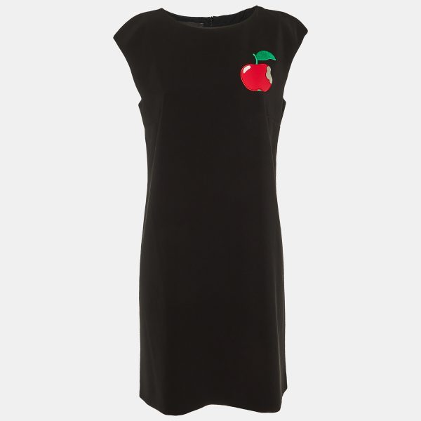 Boutique Moschino Black Crepe Apple Embroidered Shift Dress M