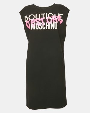 Boutique Moschino Black Printed Crepe Shift Dress S