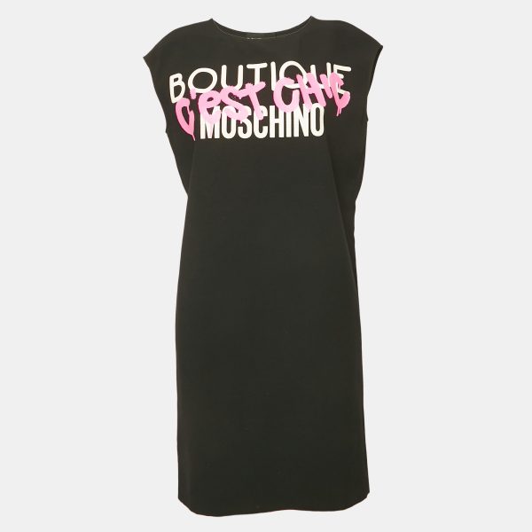 Boutique Moschino Black Printed Crepe Shift Dress S