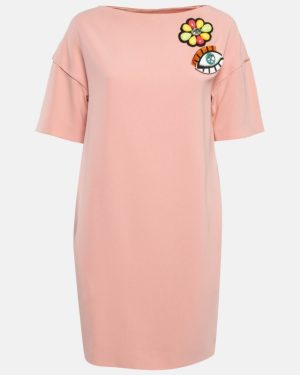 Boutique Moschino Pink Brooch Applique Crepe Shift Dress S