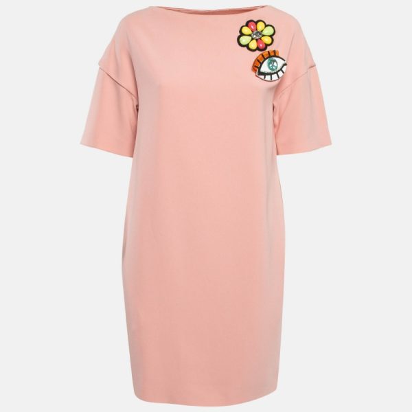 Boutique Moschino Pink Brooch Applique Crepe Shift Dress S