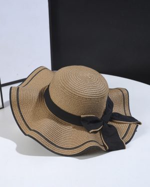 Bowknot Straw Hat With Wave Brim Summer Beach Sun Hat For Women 2025