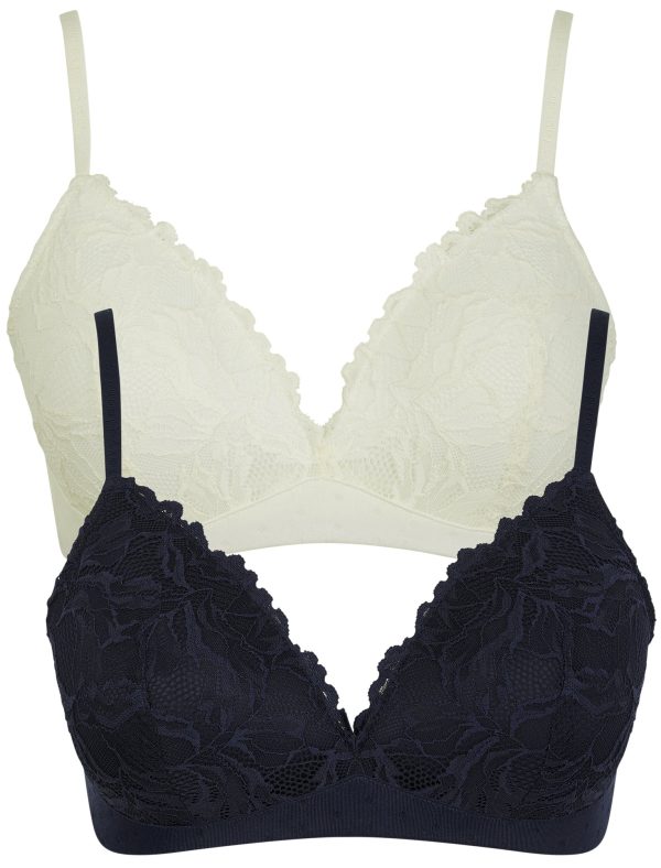 Bra Myla Non-Wired Soft Padded Lace Texture (2 Pack) Bra in Snow White / Peacoat Blue / S - Tokyo Laundry