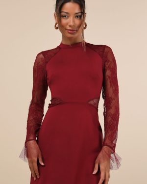 Bragging Rights Burgundy Lace Long Sleeve Skater Dress