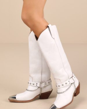 Brazen Distressed White Studded Chain Knee-High Boots
