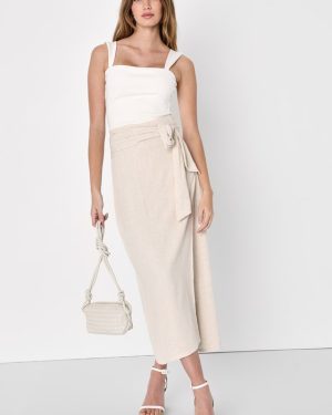 Breezy Personality Beige Linen Midi Wrap Skirt