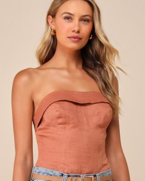 Breezy Presence Terracotta Linen Strapless Bustier Bodysuit