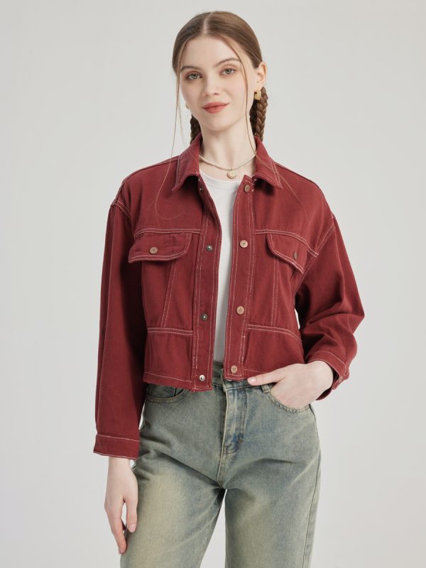 Brick Red Denim Jacket Turndown Collar Spring Outerwear For Women 2025