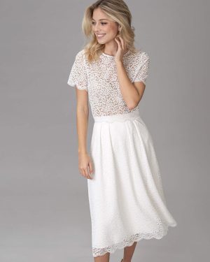 Bridal Mini Dress Short Wedding Dress Lace Cut Out Jewel Neck Tea-Length Wedding Dress Functional Buttons Short Sleeves Ivory