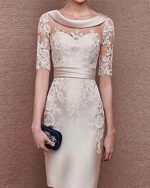 Bridal Mother Dress Jewel Neck Half Sleeves Lace Tea-Length Sheath Guest Dresses For Wedding Free Customization