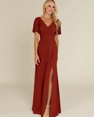 Bridal Mother Dress V-Neck Short Sleeves Sheath Beaded Guest Dresses For Wedding