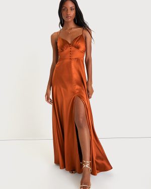 Bridesmaid Dress Spaghetti Straps Open Back High Slit A-Line Prom Maxi Dresses